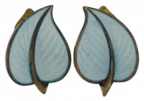 Hans Myhre, pair of Norwegian 925S sterling silver gilt and blue guilloche enamel leaf clip on