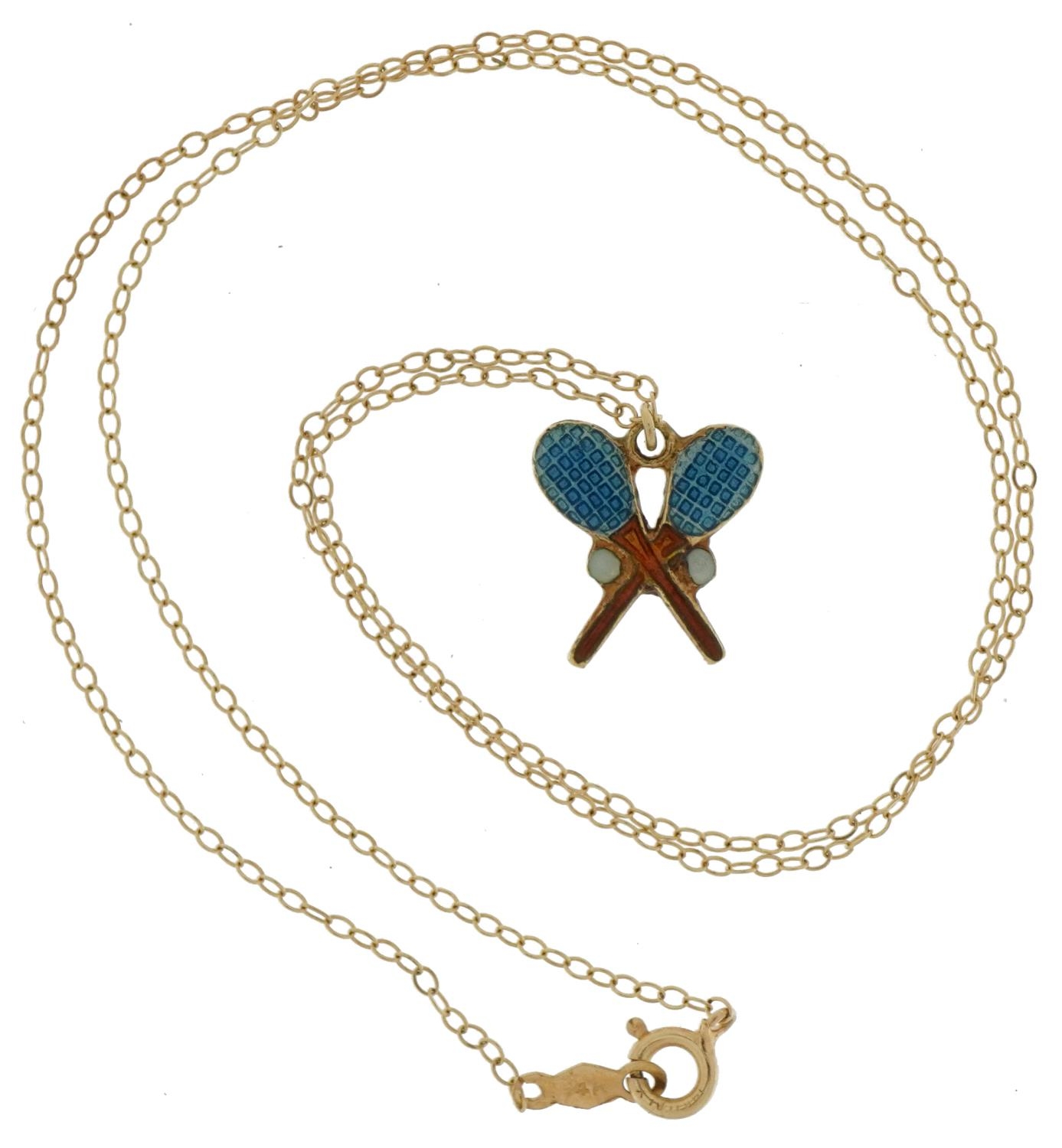 14ct gold and enamel tennis racquet pendant on 14ct gold necklace, 1.2cm high and 38cm in length, - Image 2 of 5