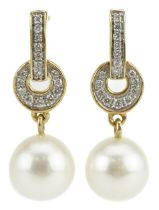 Pair of Art Deco style 9ct gold cultured pearl and diamond drop earrings, total diamond weight