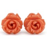 Pair of yellow metal coral design flower head stud earrings, 1.8cm in diameter, 4.0g