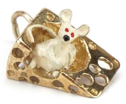 9ct gold and enamel comical mouse and cheese charm, 1.5cm in length, 2.8g