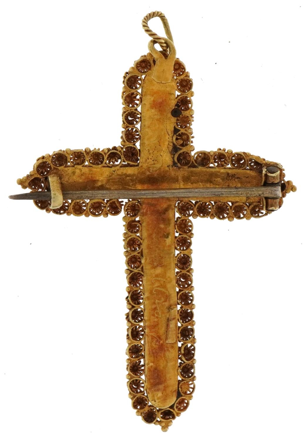 Antique Renaissance revival unmarked gold and turquoise filigree cross pendant brooch, tests as 15ct - Image 2 of 2
