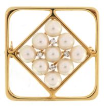 14ct gold Mikimoto pearl and diamond brooch with box, 3cm x 3cm, 9.4g