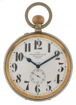 White metal eight day Goliath pocket watch, the enamelled dial inscribed Examined by The Alexander