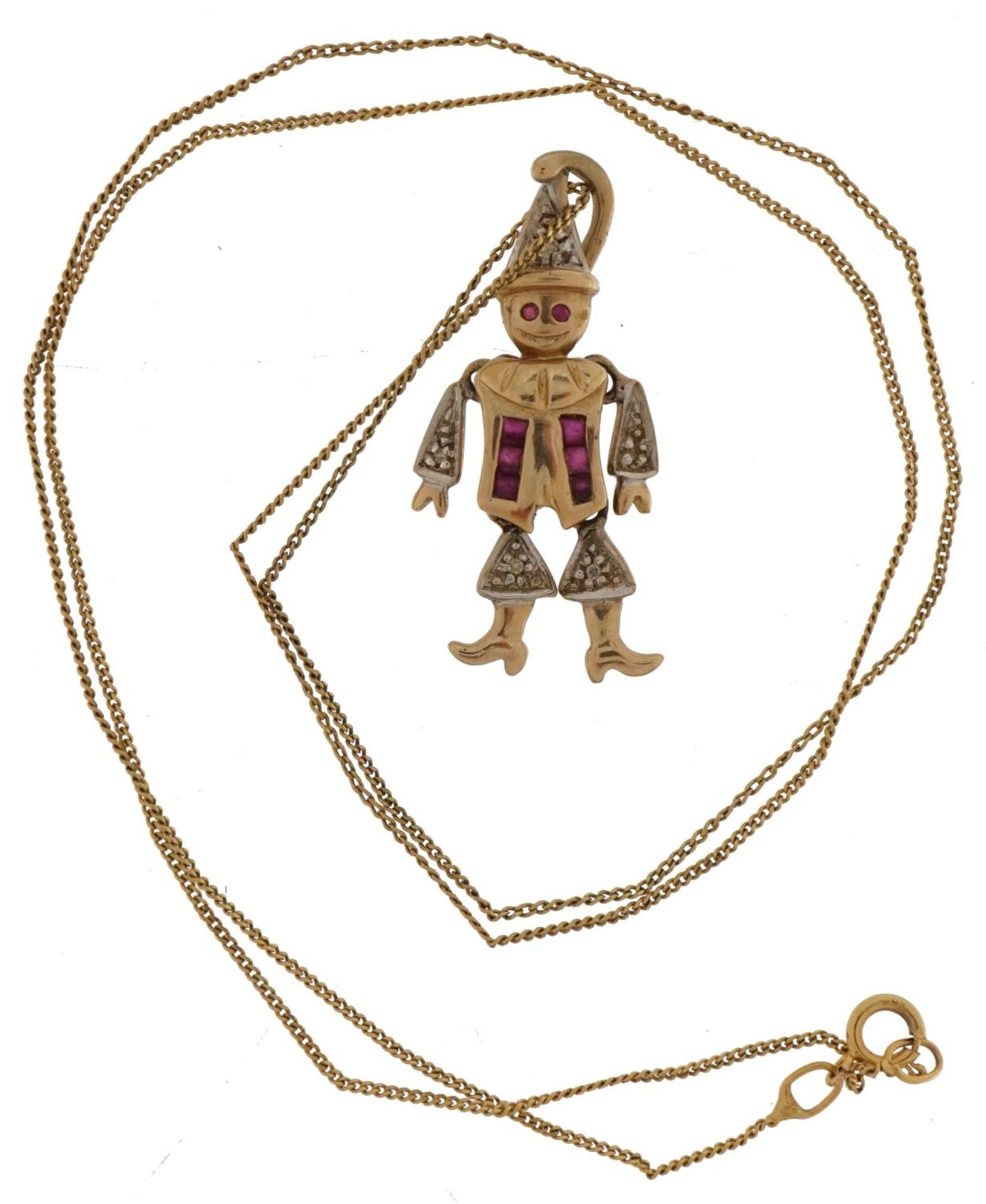 9ct gold ruby and diamond clown pendant with articulated limbs on a 9ct gold necklace, 2.5cm high - Image 2 of 4