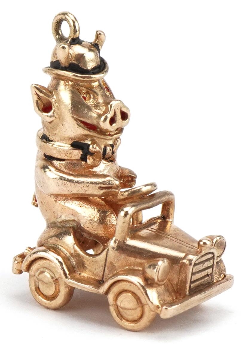 9ct gold and enamel comical pig driving a car charm, 2.8cm high, 10.0g