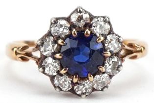 Early 20th century gold sapphire and diamond cluster ring with valuation for £2665.00, tests as 15ct