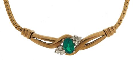 9ct gold emerald and diamond necklace housed in an Ernest Jones fitted box, 40cm in length, 7.0g