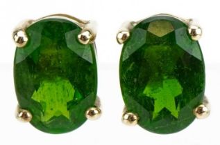 Pair of 9ct gold green stone solitaire stud earrings, possibly green amethyst, 7mm high, 0.8g