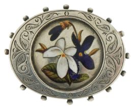 Victorian aesthetic silver and enamel floral brooch, 3.5cm wide, 5.2g
