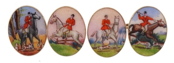 Cropp & Farr, pair of equestrian interest 9ct gold cufflinks enamelled with huntsmen on horseback