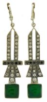 Pair of Art Deco style sterling silver drop earrings set with green, clear and black stones, 6cm