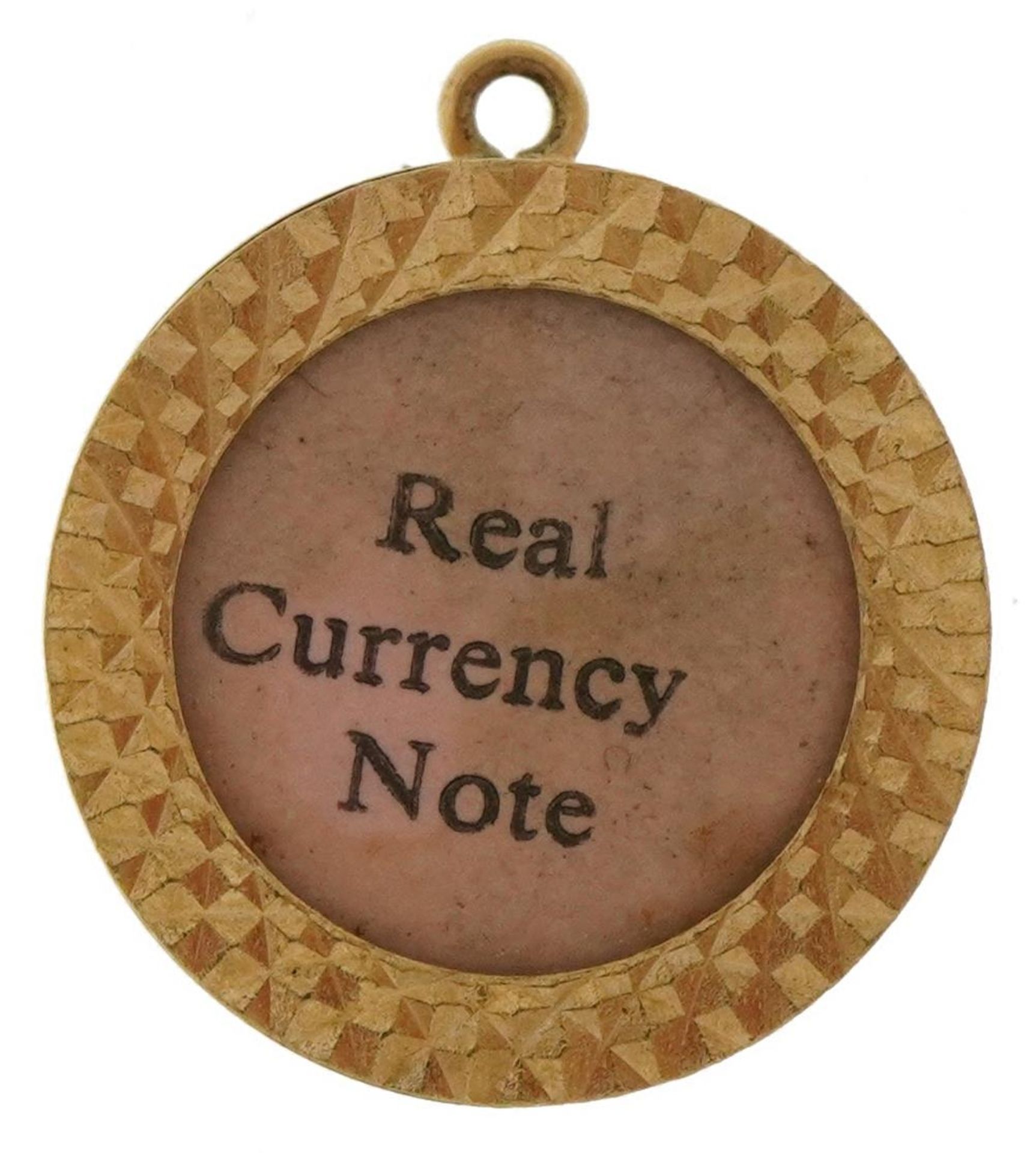 9ct gold emergency ten shilling note charm, 1.8cm in diameter, 3.5g - Image 2 of 3