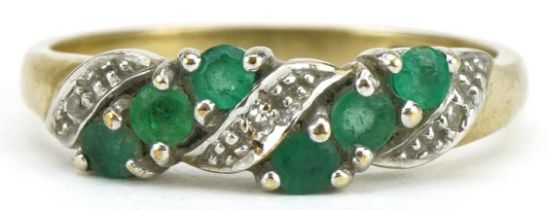 9ct gold emerald and diamond rope twist design ring, size M, 2.2g