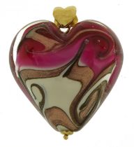 Italian glass love heart pendant with 9ct gold suspension loop, 4cm high, 23.0g