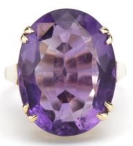 Large 9ct gold amethyst solitaire ring, the stone approximately 18.65mm x 14.50mm x 8.10mm deep,