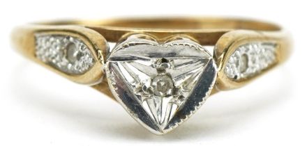 9ct two tone gold diamond love heart ring, size M, 1.8g