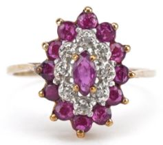 Unmarked gold ruby and diamond three tier cluster ring, tests as 9ct gold, size O, 2.0g