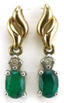 Pair of 9ct gold emerald and diamond drop earrings, 1.9cm high, 2.4g