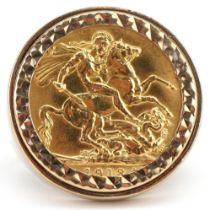 George V 1912 gold sovereign with 9ct gold ring mount, size Z+, 16.5g