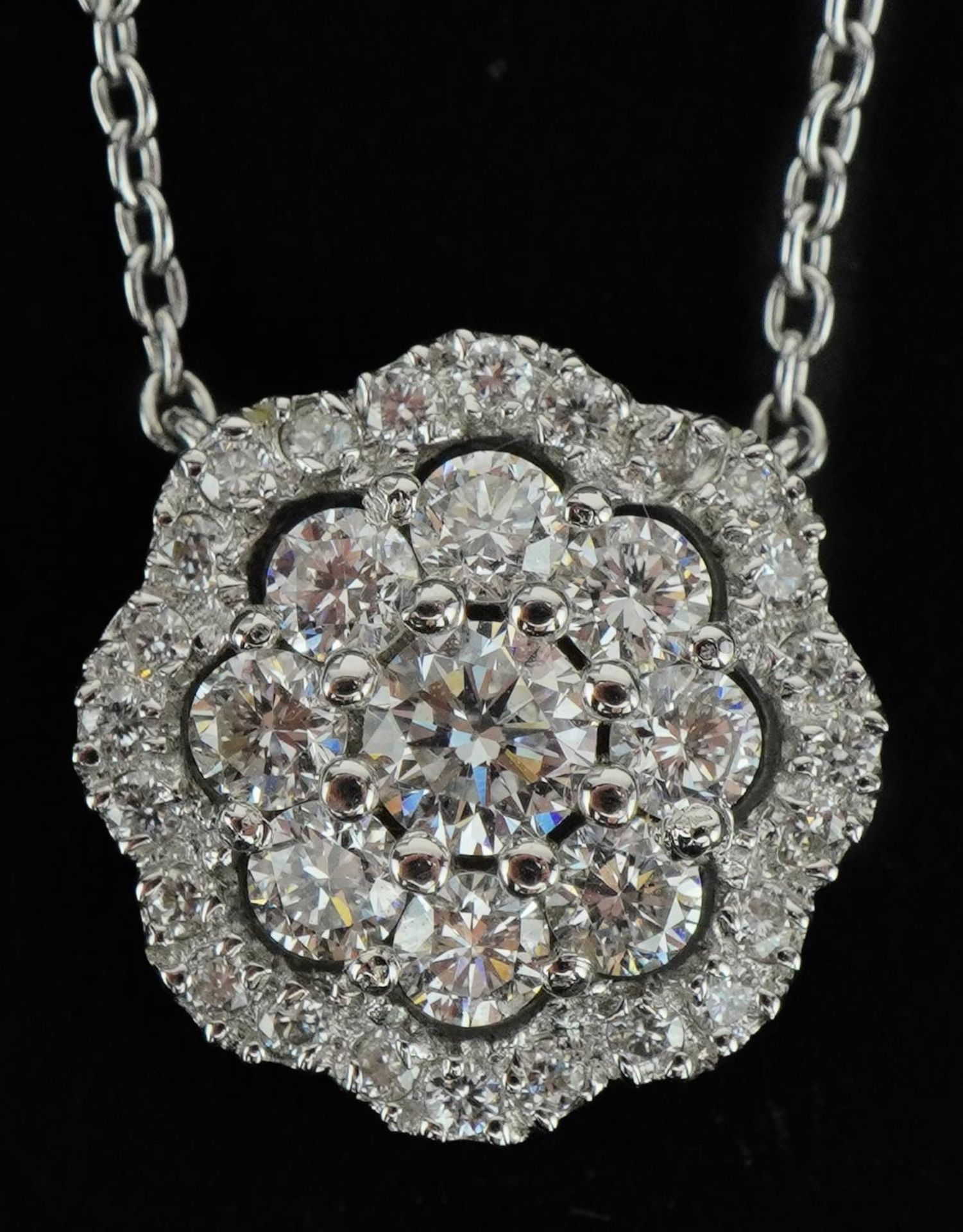 18ct white gold diamond three tier cluster flower head necklace with certificate, total diamond