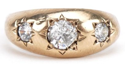 9ct gold clear stone three stone Gypsy ring, size M, 2.2g