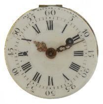 Antique verge fusee pocket watch movement, the enamelled dial with Roman and Arabic numerals,