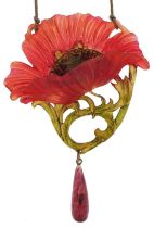 Art Nouveau celluloid, polished stone and cord floral necklace, 80cm in length, 29.4g