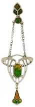 Art Nouveau style sterling silver and enamel pendant, 8cm high, 6.0g