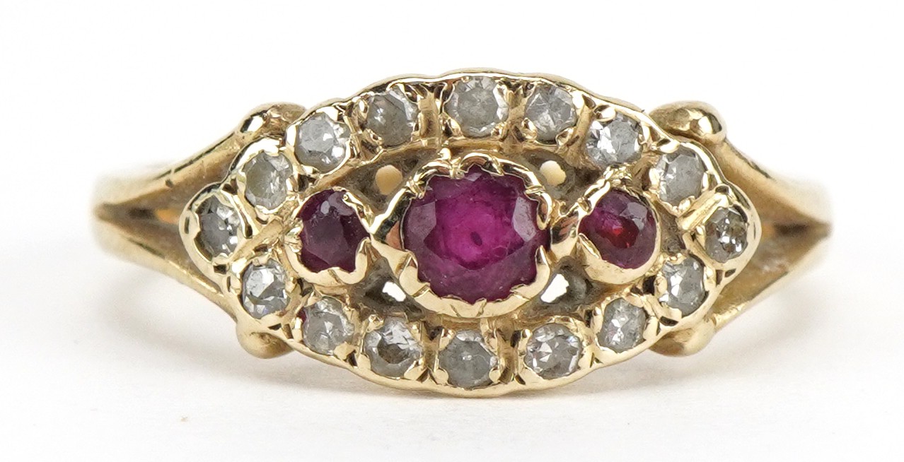 Victorian style 9ct gold ruby and diamond cluster ring with pierced setting, size J, 2.4g