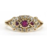 Victorian style 9ct gold ruby and diamond cluster ring with pierced setting, size J, 2.4g