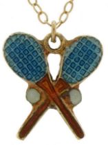 14ct gold and enamel tennis racquet pendant on 14ct gold necklace, 1.2cm high and 38cm in length,