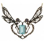 18ct gold sapphire and diamond dragonfly necklace, the central sapphire approximately 10.5mm x 7.3mm