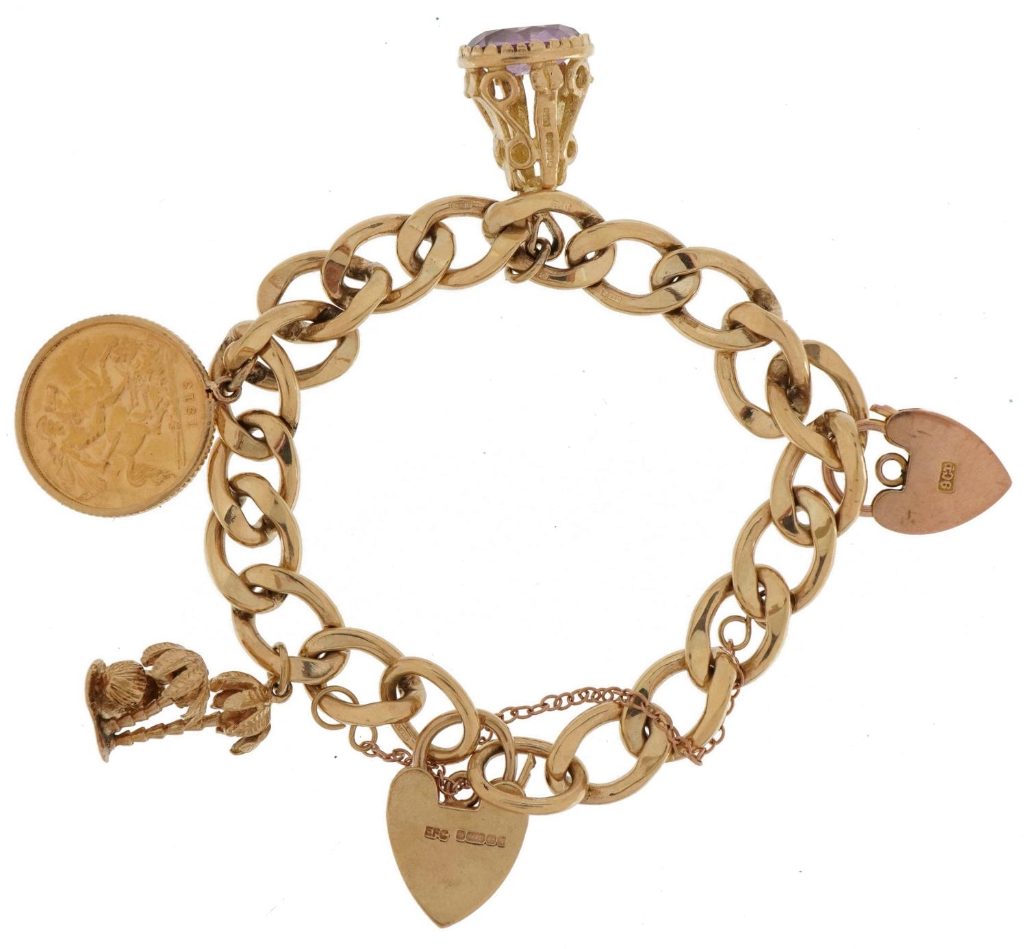 9ct gold charm bracelet with three gold charms and two 9ct gold love heart padlocks including a - Image 2 of 3