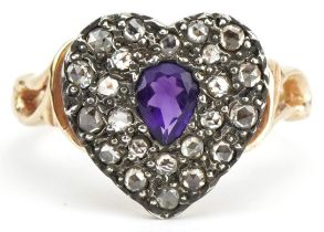 Unmarked gold diamond and amethyst love heart ring with openwork shoulders, size N/O, 3.0g