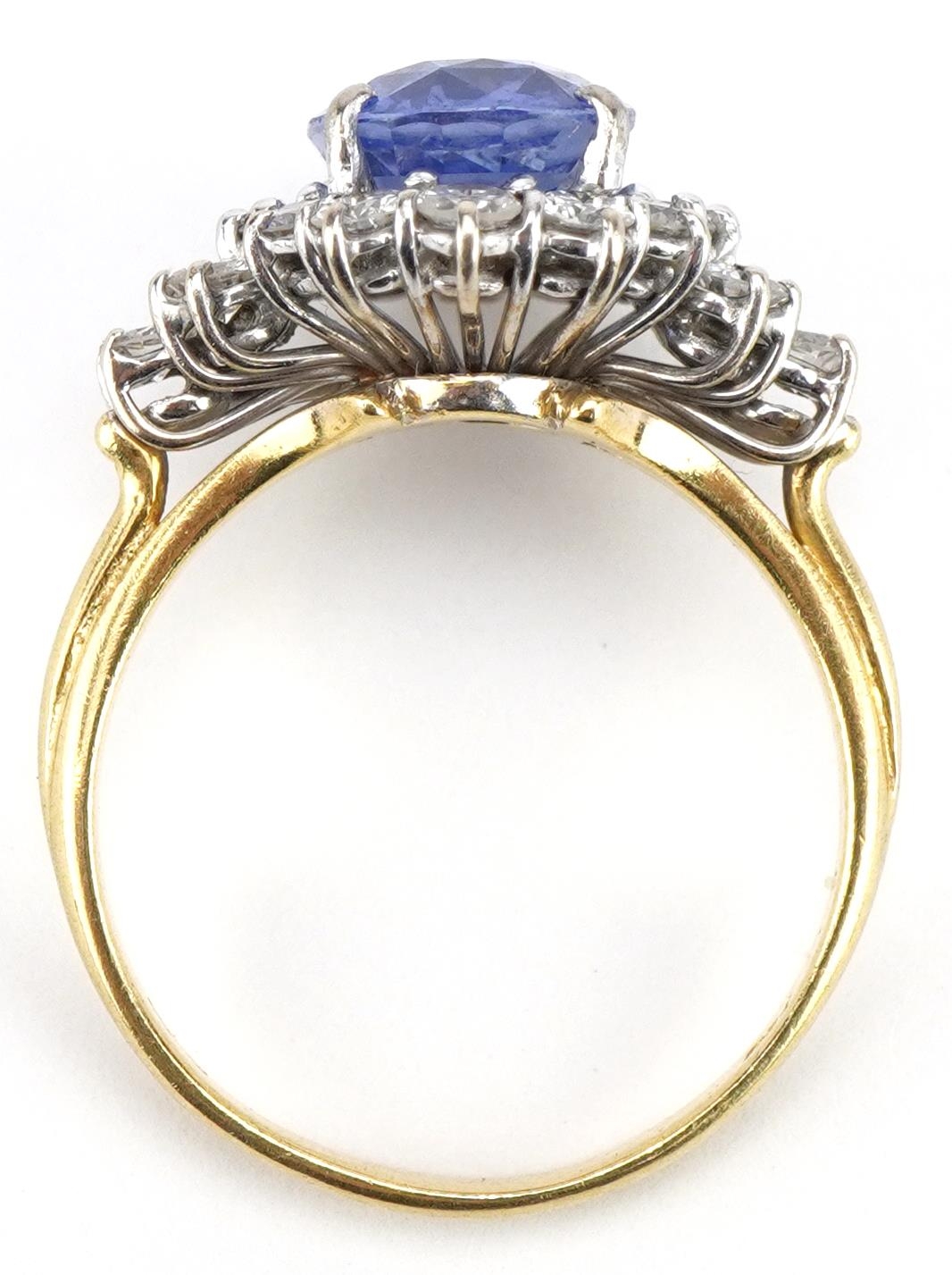 18ct gold Sri Lankan sapphire and diamond four tier cluster ring, weight of the sapphire 6.54g, - Image 4 of 5