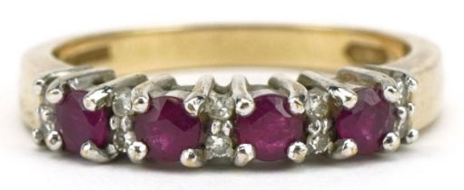 9ct gold ruby and diamond half eternity ring, size N/O, 3.1g