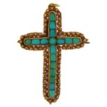 Antique Renaissance revival unmarked gold and turquoise filigree cross pendant brooch, tests as 15ct