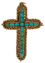 Antique Renaissance revival unmarked gold and turquoise filigree cross pendant brooch, tests as 15ct