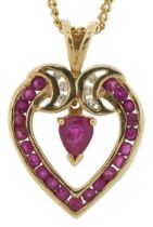 9ct gold ruby and diamond love heart pendant on a 9ct gold necklace, 2cm high 3.4g