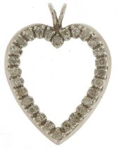 Unmarked white gold diamond love heart pendant, each diamond approximately 2.0mm in diameter, 3cm