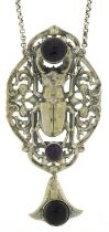 Egyptian Revival scarab beetle necklace set with amethyst cabochons, 40cm in length, 47.5g