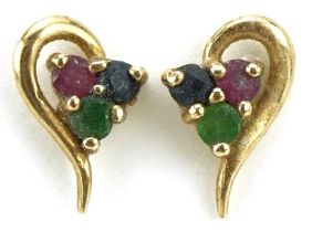 Pair of 9ct gold multi gem stud earrings set with rubies, sapphires and emeralds, 10mm high, 0.7g