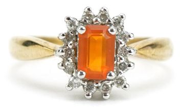 9ct gold Mexican fire opal and diamond ring, total diamond weight approximately 0.15 carat, size