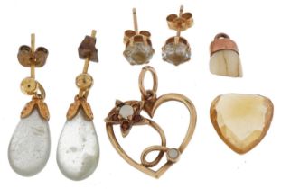 Vintage and later jewellery including 9ct gold opal and garnet love heart pendant, pair of 9ct