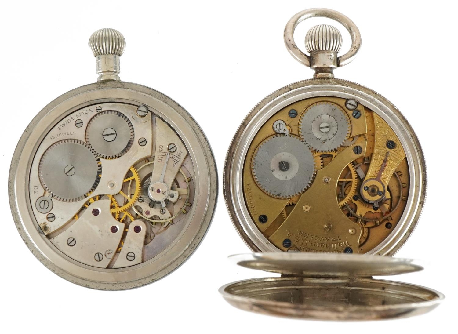 Two gentlemen's open face pocket watches comprising silver open face Waltham Traveller and one - Image 3 of 5