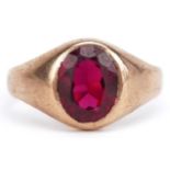 9ct gold ruby solitaire ring, the ruby approximately 9.50mm x 7.50mm x 4.60mm deep, size S, 4.8g