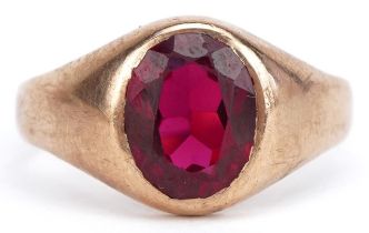 9ct gold ruby solitaire ring, the ruby approximately 9.50mm x 7.50mm x 4.60mm deep, size S, 4.8g