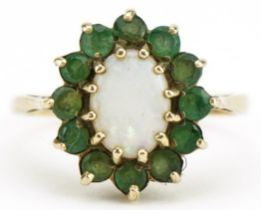 9ct gold cabochon opal and emerald ring, size L, 2.0g