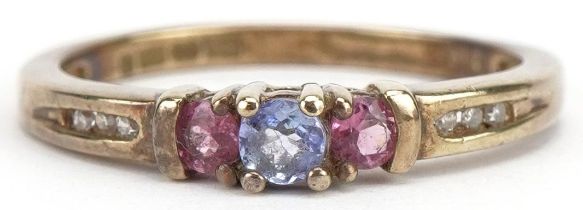 9ct gold multi gem ring with diamond set shoulders, size N, 1.8g